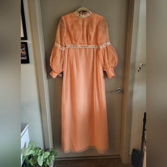 Vintage Chiffon Prairie Maxi Dress with Lace Trim - Picture 2 of 12